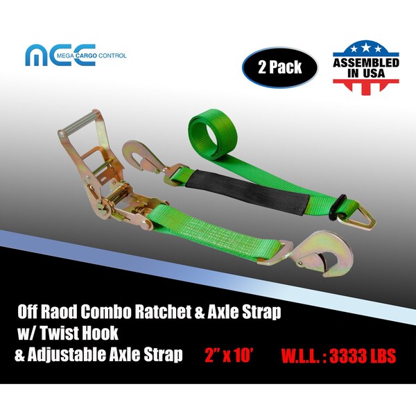 Axle Ratchet Tie Down Strap w/ Snap Hook Race Car Hauler Trailer Flatbed Green, 2PK